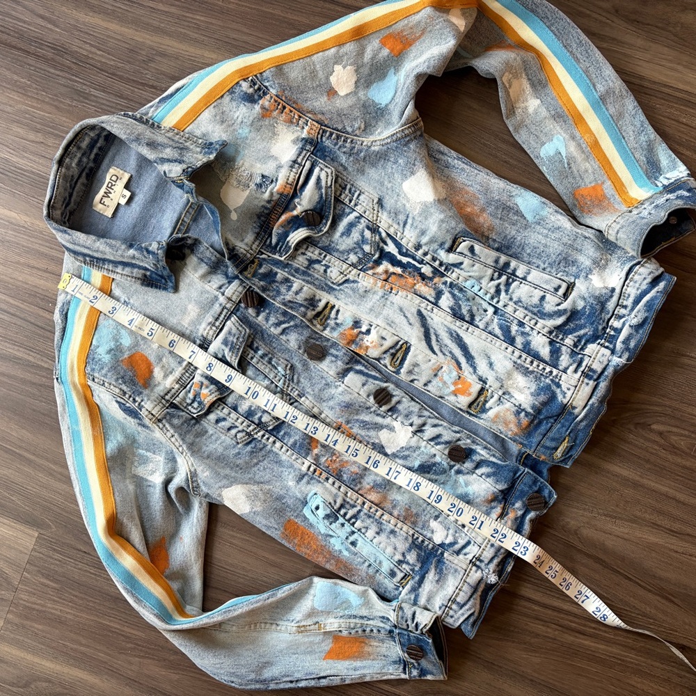 FWRD Denim Ice Blue & Gold Stripe with Paint Splatter Badass Jacket - Picture 7 of 11